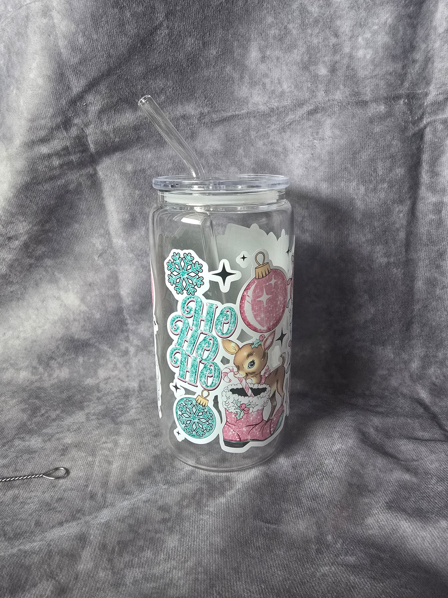 Reusable Glass Cup with Straw and Cleaning Brush: Christmas Themed