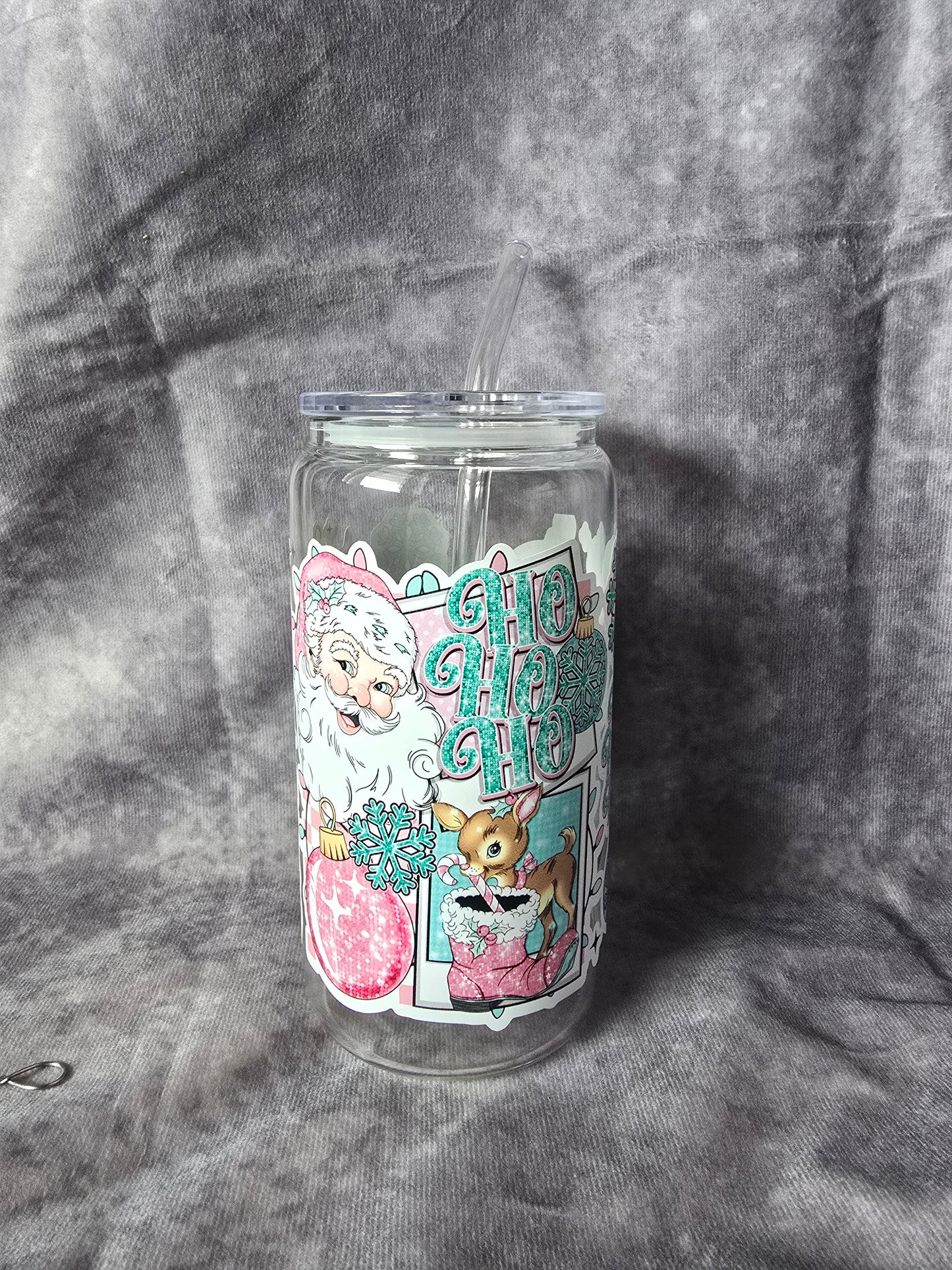 Reusable Glass Cup with Straw and Cleaning Brush: Christmas Themed