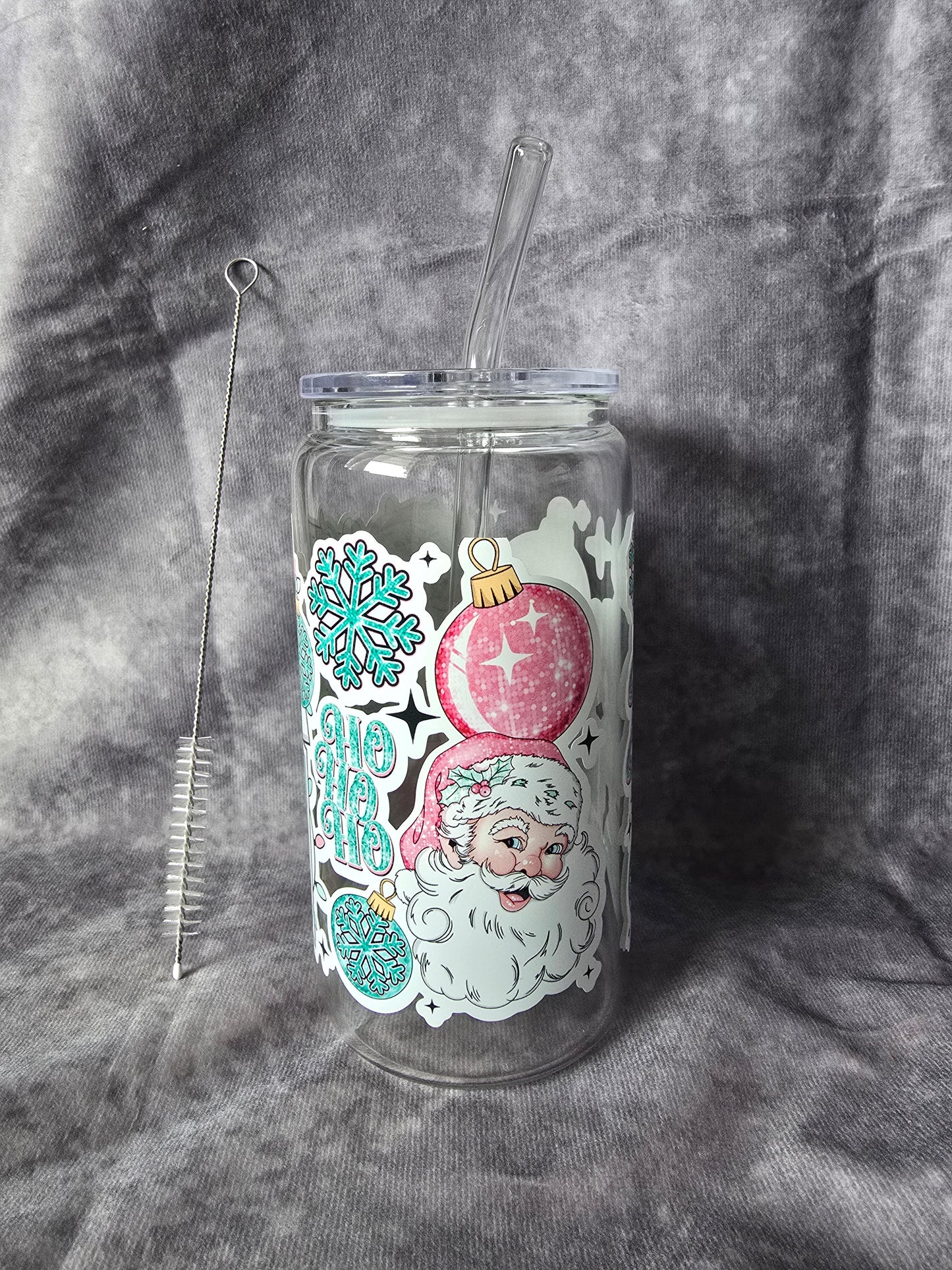 Reusable Glass Cup with Straw and Cleaning Brush: Christmas Themed