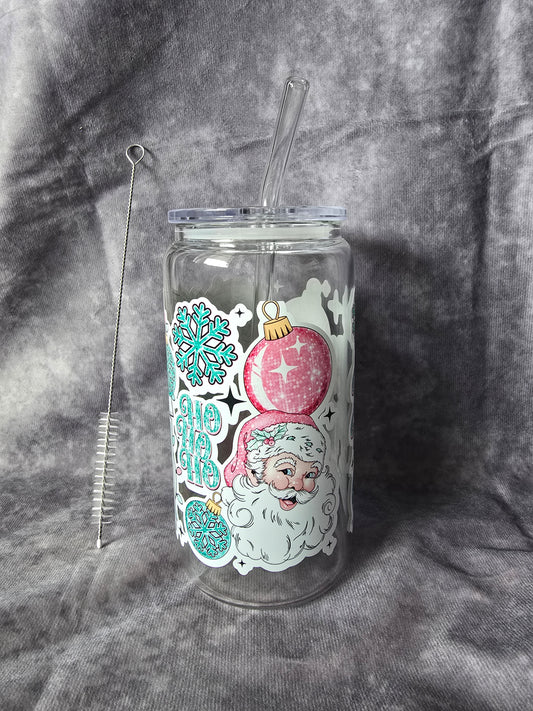 Reusable Glass Cup with Straw and Cleaning Brush: Christmas Themed